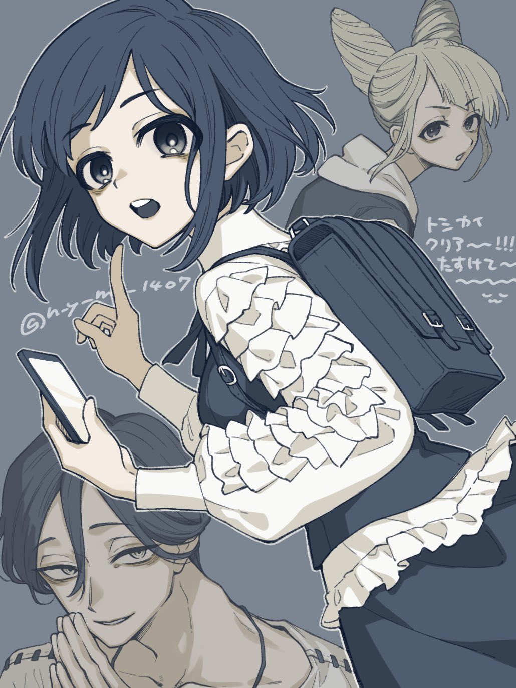 1boy, 2girls, backpack, bag, cellphone, collared_shirt, commentary_request, cone_hair_bun