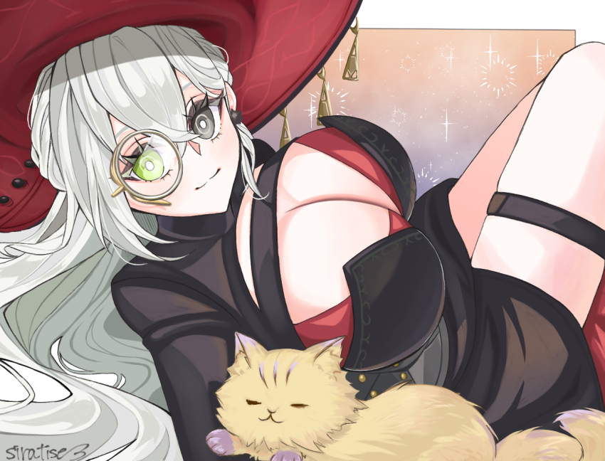 1girl, breasts, cat, cleavage, diabellstar_the_black_witch, diabellstar_the_black_witch_(alternate_art), dress, duel_monster