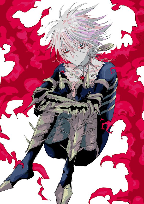 1boy, armor, blue_eyes, cape, chest_jewel, collar, earrings, eyeshadow, eyeshadow_under_eye, fate/apocrypha, fate/grand_order, fate_(series), full_body, fur_cape, hair_between_eyes, hugging_own_legs, jewelry, karna_(fate), looking_at_viewer, makeup, male_focus, ngg_n, pale_skin, red_eyeshadow, short_hair, simple_background, sitting, solo, spiked_collar, spikes, white_background, white_hair