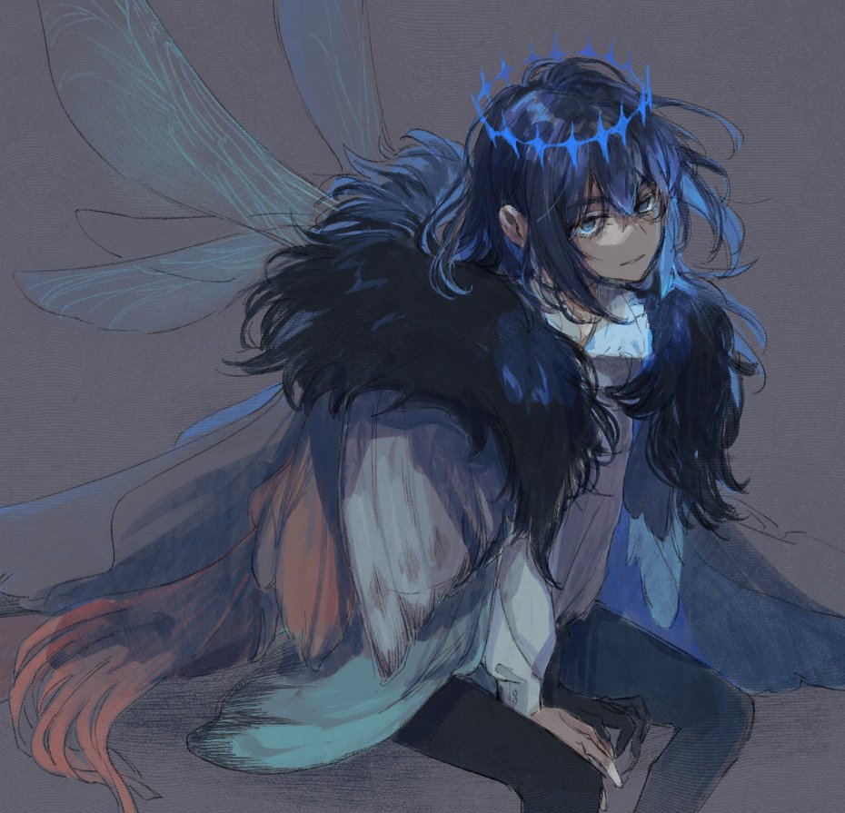 001e43_ee7800, 1boy, arthropod_boy, black_hair, blue_eyes, cape, crown, diamond_hairband