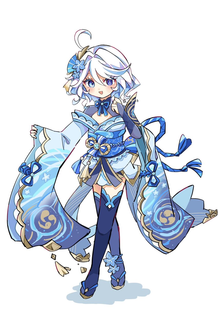 1girl, :d, ahoge, alternate_color, blue_bridal_gauntlets, blue_eyes, blue_flower, blue_hair, blue_kimono, blue_pupils, blue_sash, blue_thighhighs, blush, bridal_gauntlets, cosplay, drop-shaped_pupils, flower, full_body, furina_(genshin_impact), genshin_impact, hair_between_eyes, hair_flower, hair_intakes, hair_ornament, hand_up, heterochromia, highres, japanese_clothes, kimono, long_sleeves, looking_at_viewer, medium_hair, multicolored_hair, obi, open_mouth, raiden_shogun, raiden_shogun_(cosplay), sash, simple_background, smile, solo, standing, streaked_hair, symbol-shaped_pupils, thighhighs, tori26, twitter_username, white_background, white_hair, wide_sleeves