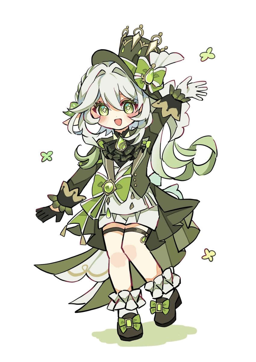 1girl, :d, alternate_color, ascot, asymmetrical_gloves, black_gloves, blush, bow, commentary, cosplay, footwear_bow, full_body, furina_(genshin_impact), furina_(genshin_impact)_(cosplay), gem, genshin_impact, gloves, gradient_hair, green_ascot, green_eyes, green_gem, green_hair, green_hat, green_jacket, green_shoes, hair_between_eyes, hair_intakes, hand_up, hat, highres, jacket, long_hair, long_sleeves, looking_at_viewer, mismatched_gloves, multicolored_hair, nahida_(genshin_impact), open_mouth, ouji_fashion, shoes, side_ponytail, simple_background, smile, solo, standing, untranslatable_commentary, symbol-shaped_pupils, thigh_strap, tori26, white_background, white_gloves, white_hair