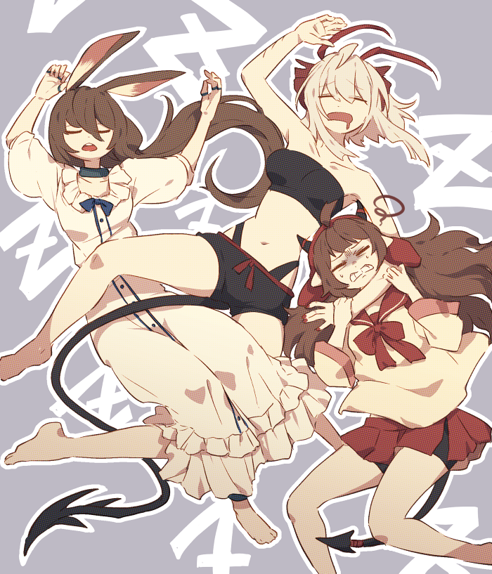 3girls, amiya_(arknights), animal_ears, arknights, black_shorts, brown_hair, closed_eyes, commentary