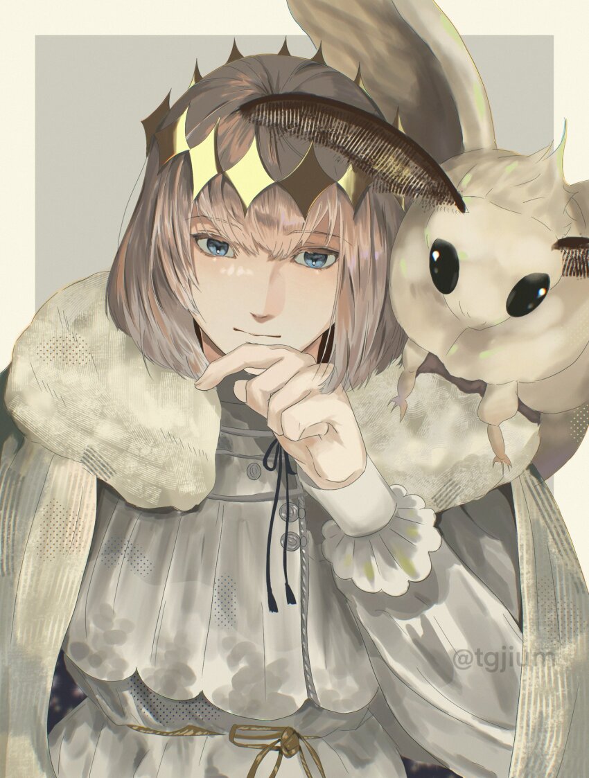 1boy, blanca_(fate), blue_eyes, border, bug, cape, crown, diamond_hairband