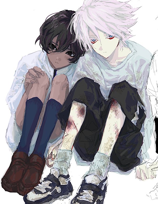 2boys, aged_down, arjuna_(fate), black_eyes, black_hair, bleeding, blood, blue_eyes