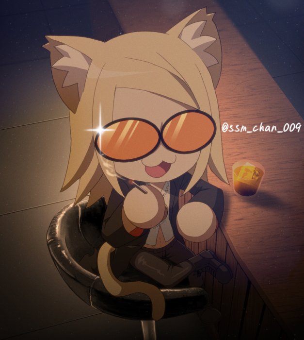 1boy, :3, animal_ears, bar_(place), bar_stool, black_jacket, blonde_hair, cat_boy