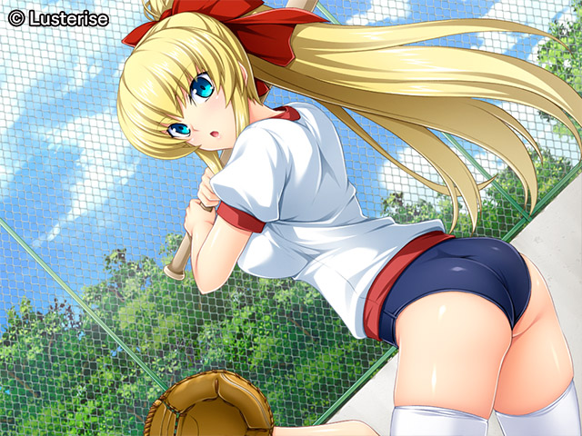 1boy, 1girl, :o, aqua_eyes, baseball_glove, blonde_hair, blue_buruma, bow, breasts, buruma, chain-link_fence, cloud, company_name, copyright_name, copyright_notice, exs-tia_chevalier, fence, from_side, gym_shirt, gym_shorts, gym_uniform, hair_bow, high_ponytail, impossible_clothes, inoino, kouyoku_senki_exs-tia, long_hair, lusterise, medium_breasts, official_art, open_mouth, ponytail, red_bow, red_trim, rieszverne_suzette_paladill, shirt, short_shorts, short_sleeves, shorts, sky, smile, solo_focus, thighhighs, tree, white_shirt, white_thighhighs