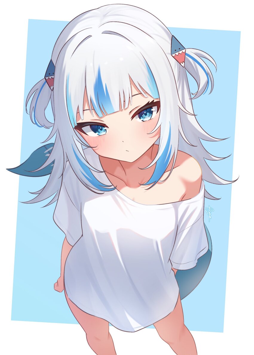 1girl, absurdres, alternate_costume, arm_behind_back, blue_background, blue_eyes, blue_hair, border