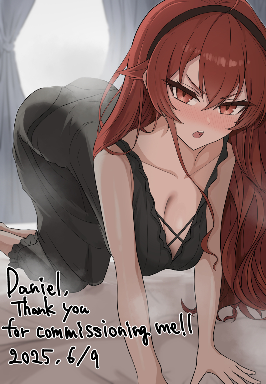 1girl, all_fours, ass, bed_sheet, black_dress, black_hairband, blush, breasts, cleavage, collarbone, commentary_request, commission, commissioner_name, curtains, dated, dress, english_text, eris_greyrat, feet_out_of_frame, hair_between_eyes, hairband, highres, large_breasts, long_hair, looking_at_viewer, mushoku_tensei, open_mouth, pantylines, pinnyonn0375, red_eyes, red_hair, skeb_commission, sleeveless, sleeveless_dress, solo, thank_you, v-shaped_eyebrows