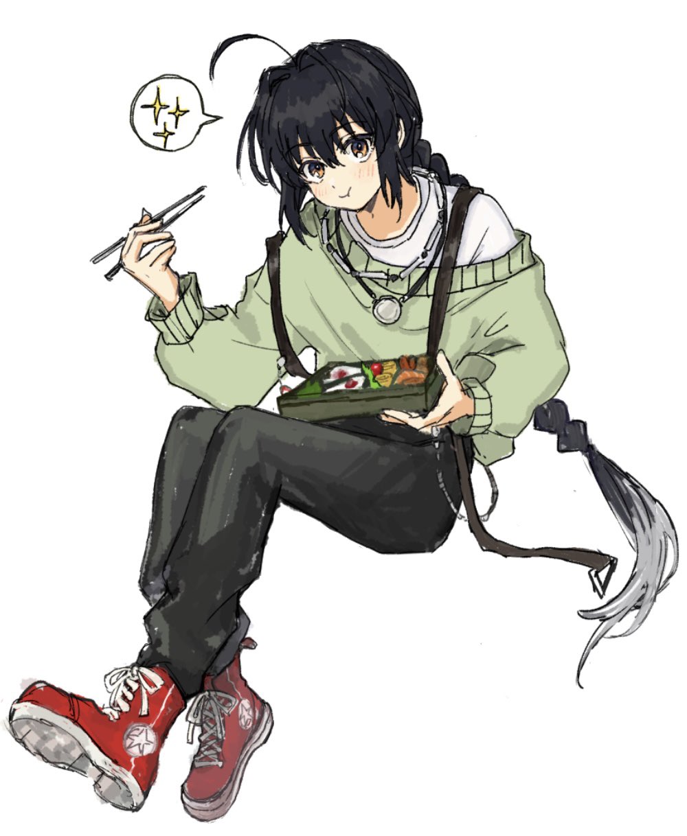 1other, :i, ahoge, androgynous, bento, black_hair, blush, braid
