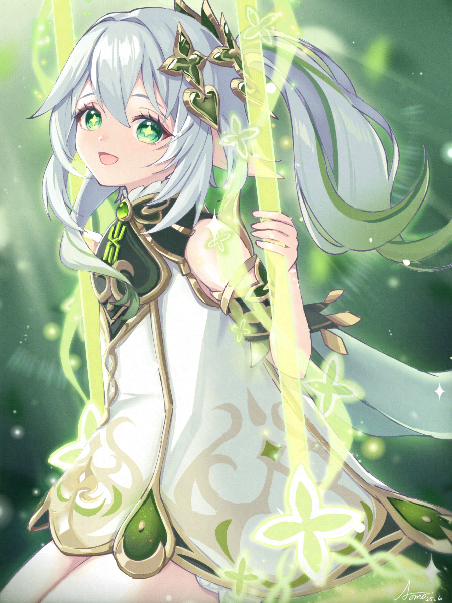 1girl, :d, aomo, bare_shoulders, commentary, dated, detached_sleeves, dress