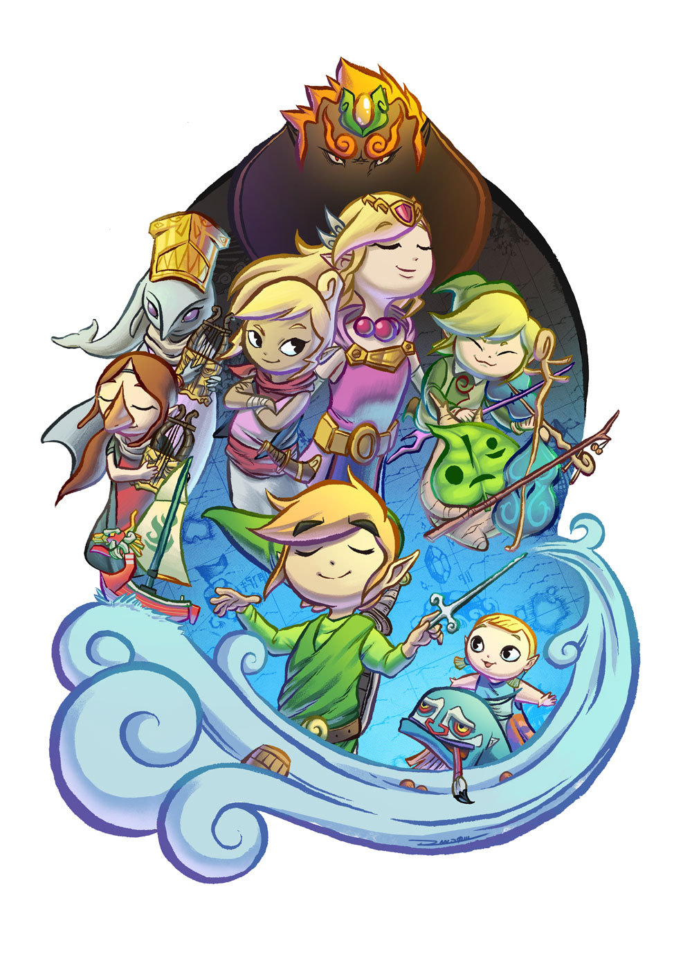 4girls, 5boys, aryll, blonde_hair, cello, closed_eyes, everyone, fado_(wind_waker)