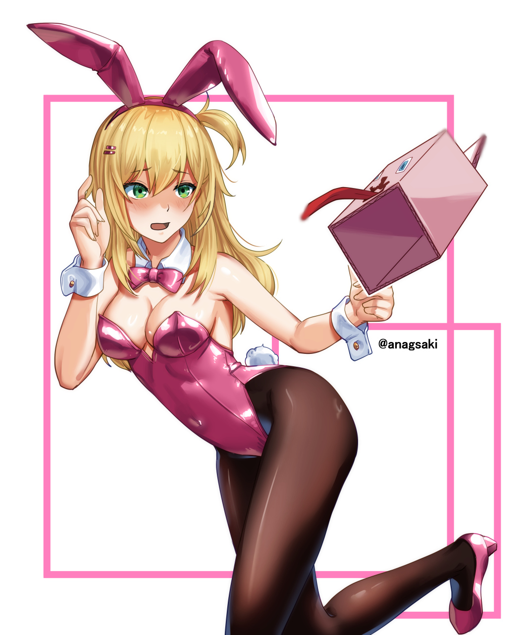 1girl, animal_ear_hairband, animal_ears, aona_(anagasaki), black_pantyhose, blonde_hair, bow, bowtie