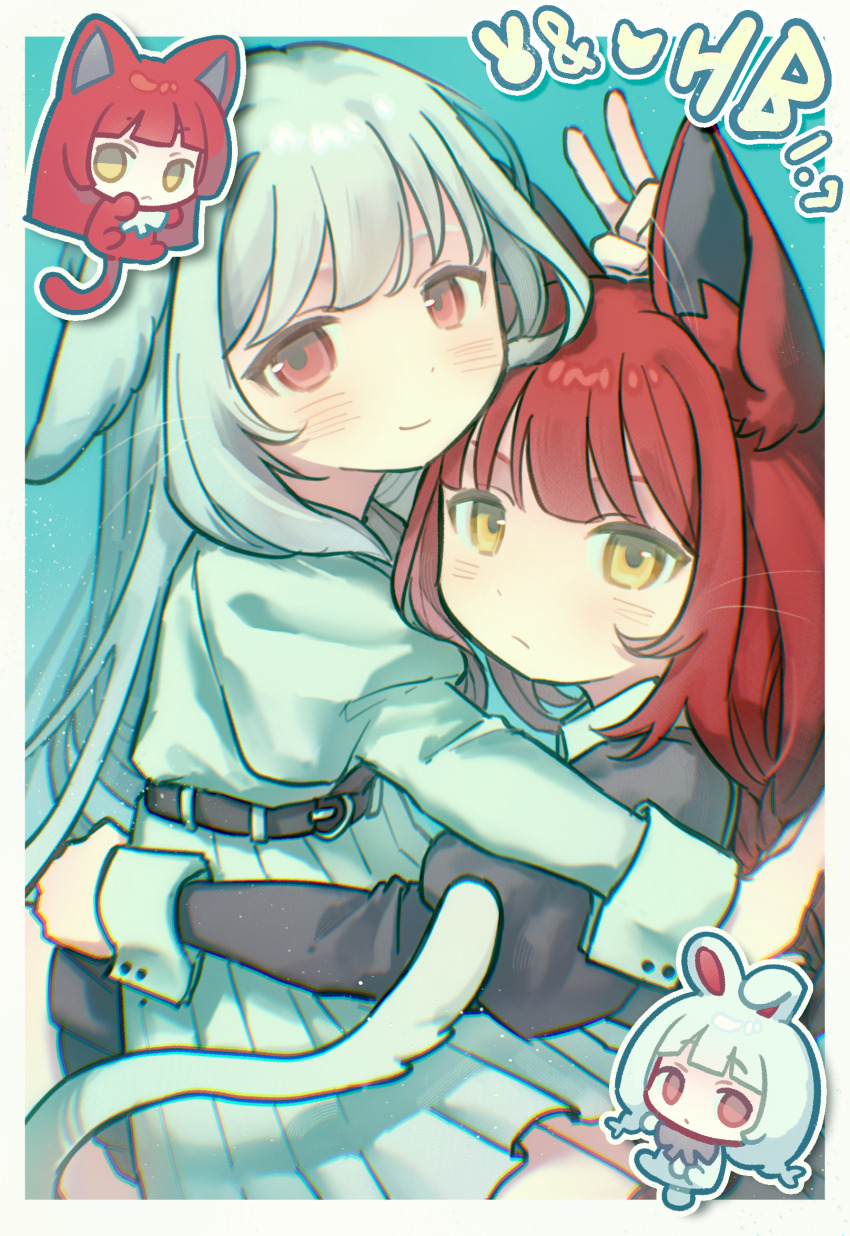 2girls, animal_ears, aqua_background, belt, birthday, black_belt, black_dress, border, cat_ears, cat_girl, cat_tail, chibi, chibi_inset, chinese_commentary, collared_dress, commentary_request, dress, fata_morgana_no_yakata, frown, highres, hug, juliet_sleeves, long_sleeves, morgana_(fata_morgana_no_yakata), multiple_girls, pleated_dress, puffy_sleeves, red_eyes, red_hair, smile, tail, the_white-haired_girl_(fata_morgana_no_yakata), v, white_border, white_dress, white_hair, yellow_eyes, yuer6350