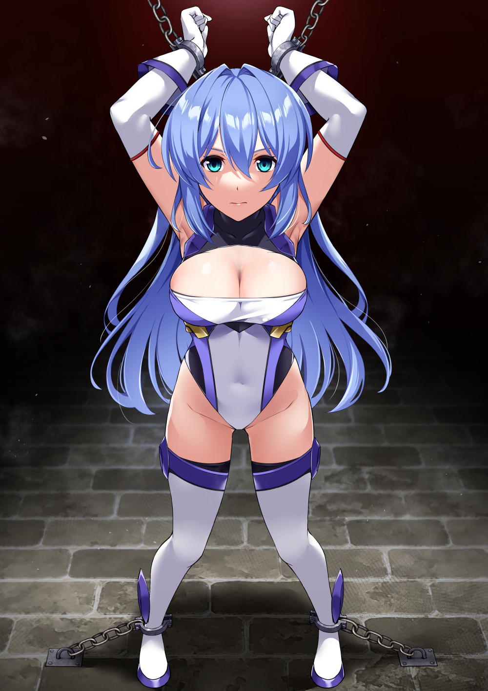 1girl, aqua_eyes, armpits, arms_up, bdsm, blue_boots, blue_dress, blue_hair, bondage, boots, bound, bound_legs, bound_wrists, breasts, brick, brick_floor, chain, chained, chained_cuffs, chained_wrists, cleavage, covered_navel, cuffs, dress, elbow_gloves, exs-tia, female_focus, full_body, gem, gloves, hair_intakes, headgear, highleg, highleg_leotard, highres, jewelry, katsuragi_marina, kouyoku_senki_exs-tia, legs_apart, leotard, looking_at_viewer, mizuno_asami, restrained, solo, standing, thighhighs, white_dress, white_gloves, white_thighhighs, wrist_cuffs