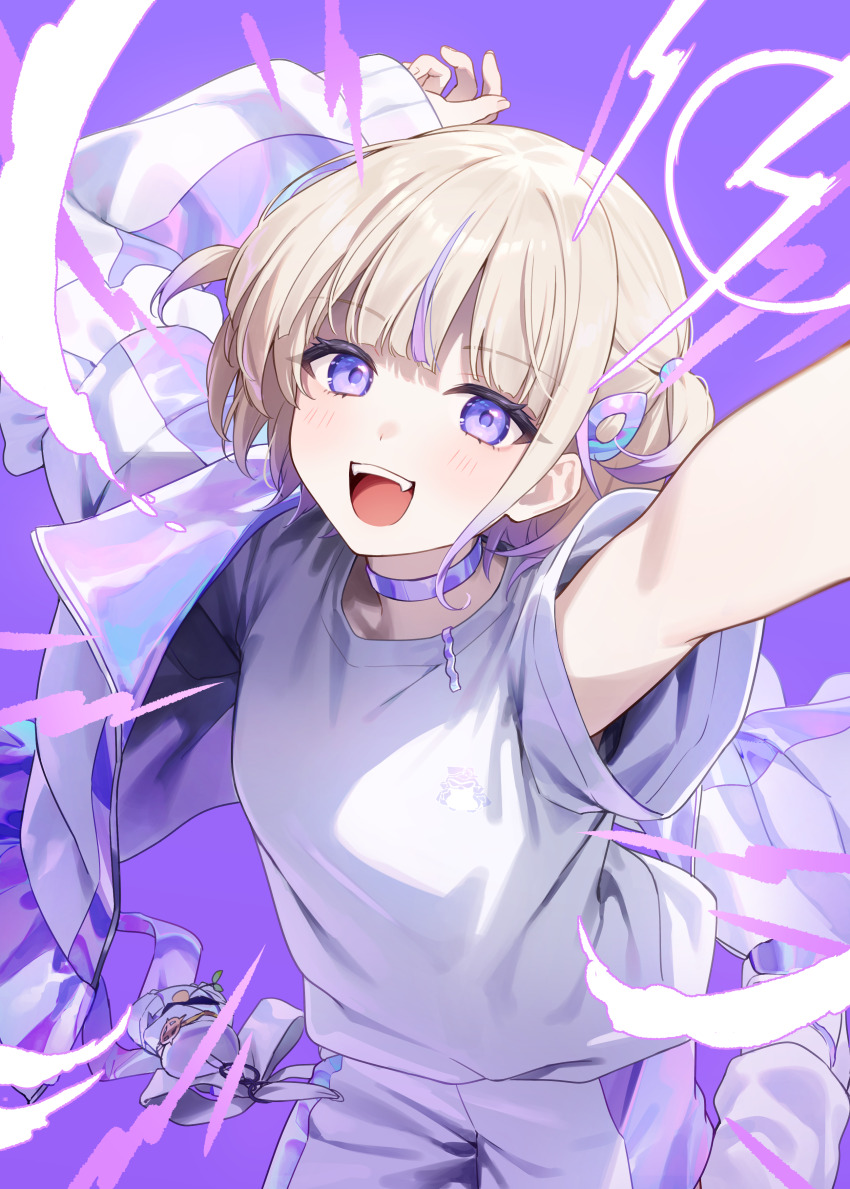 1girl, :d, absurdres, akabino, arms_up, banpen_(todoroki_hajime), blonde_hair, blunt_bangs