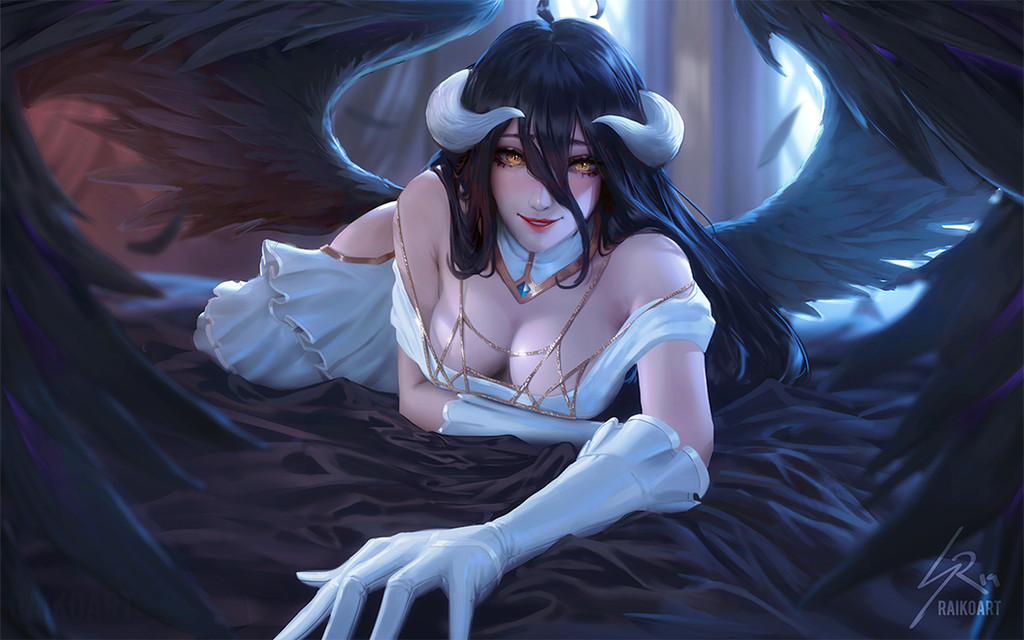 1girl, albedo_(overlord), angel_wings, arm_under_breasts, bare_arms, bare_hips, bare_shoulders, bed_sheet