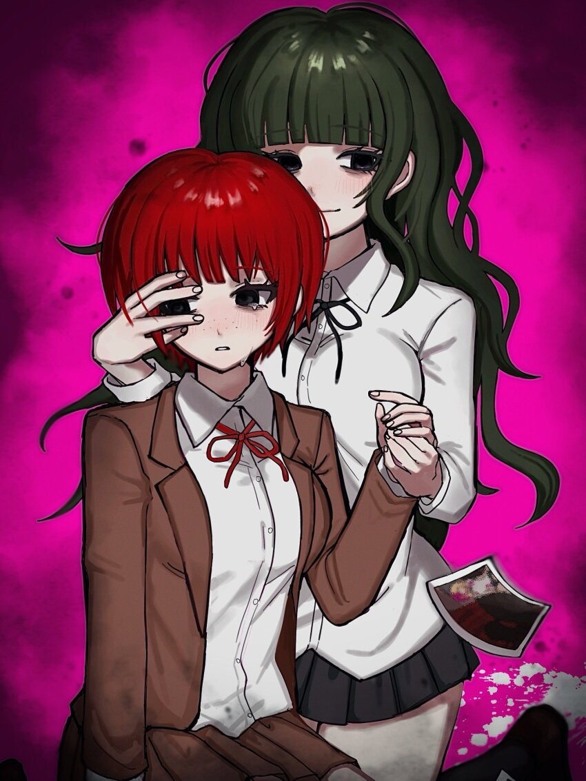 2girls, breasts, brown_hair, collared_shirt, danganronpa_(series), danganronpa_3_(anime), freckles, highres