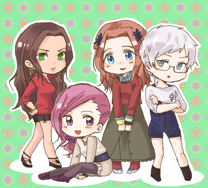 4girls, :o, black_pantyhose, black_shoes, black_shorts, blue_eyes, blue_shirt, blue_shorts