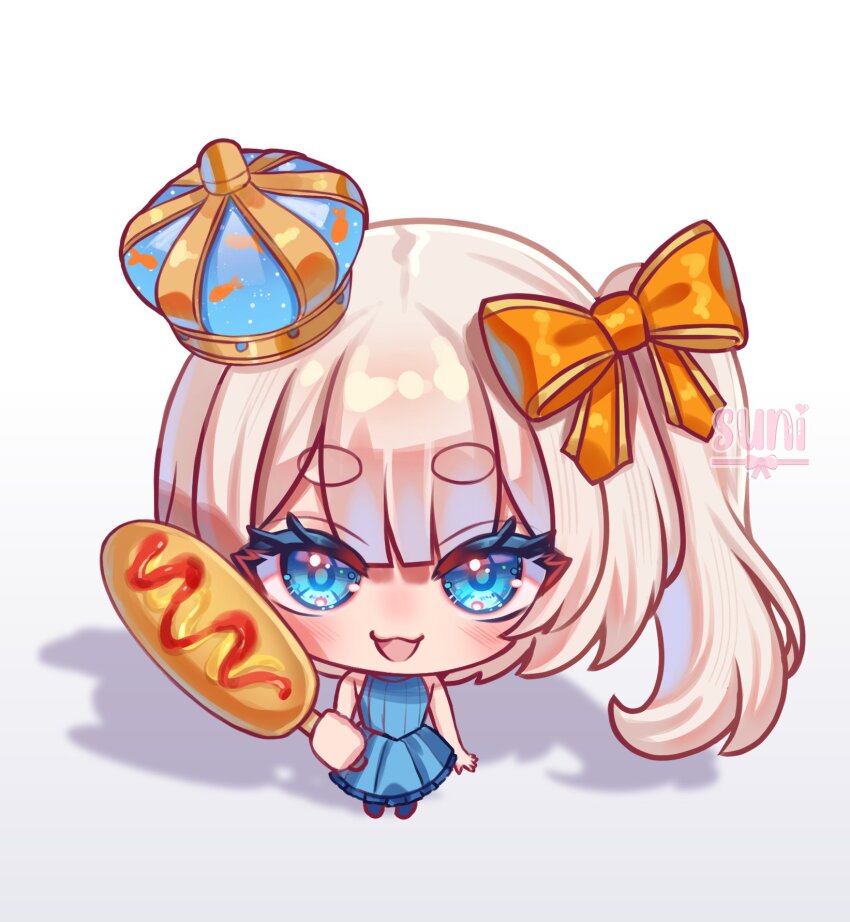 1girl, artist_name, blue_dress, blue_eyes, blush, bow, chibi, corn_dog