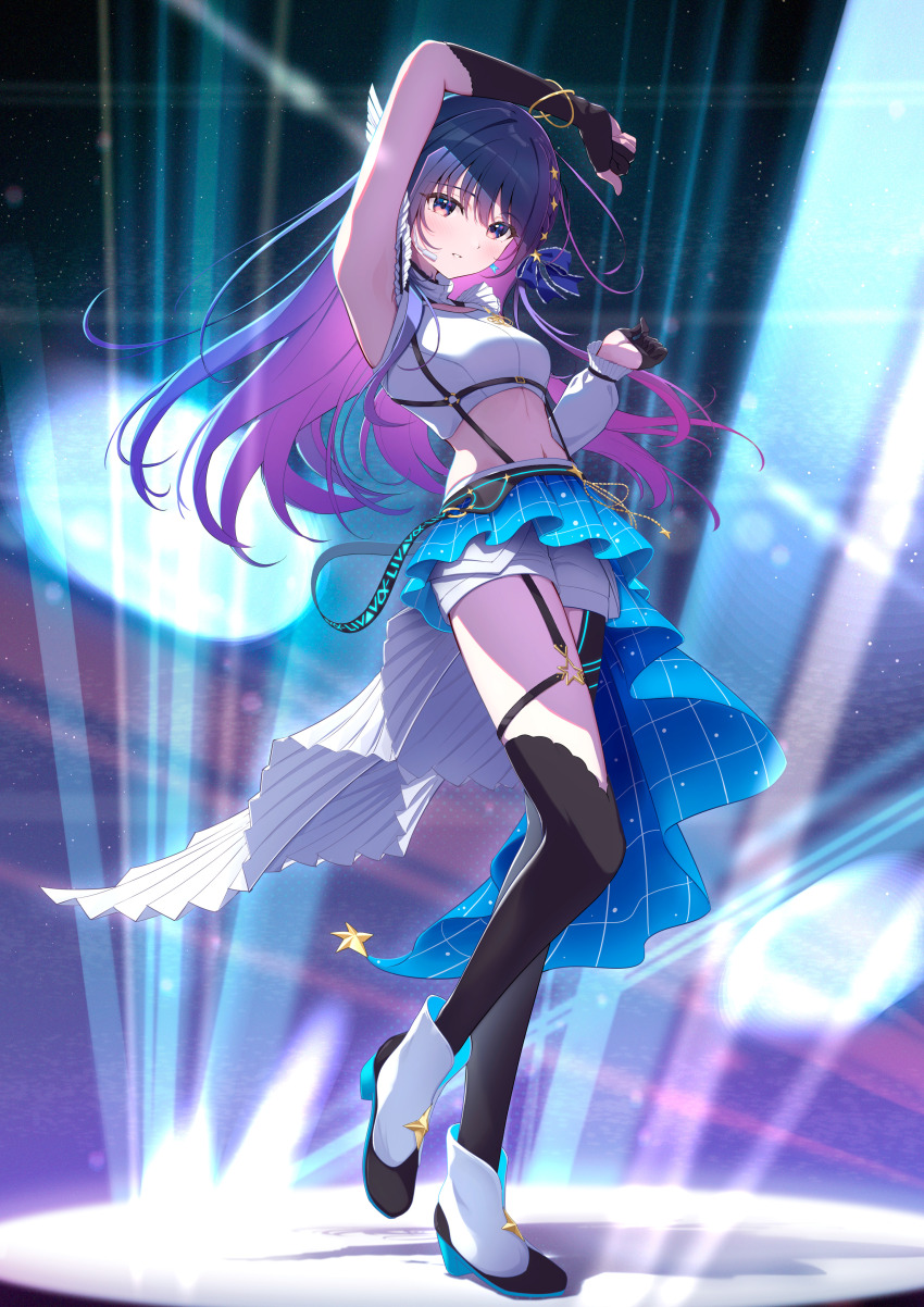 1girl, absurdres, arm_up, armpit_focus, armpits, asymmetrical_gloves, belt, black_belt