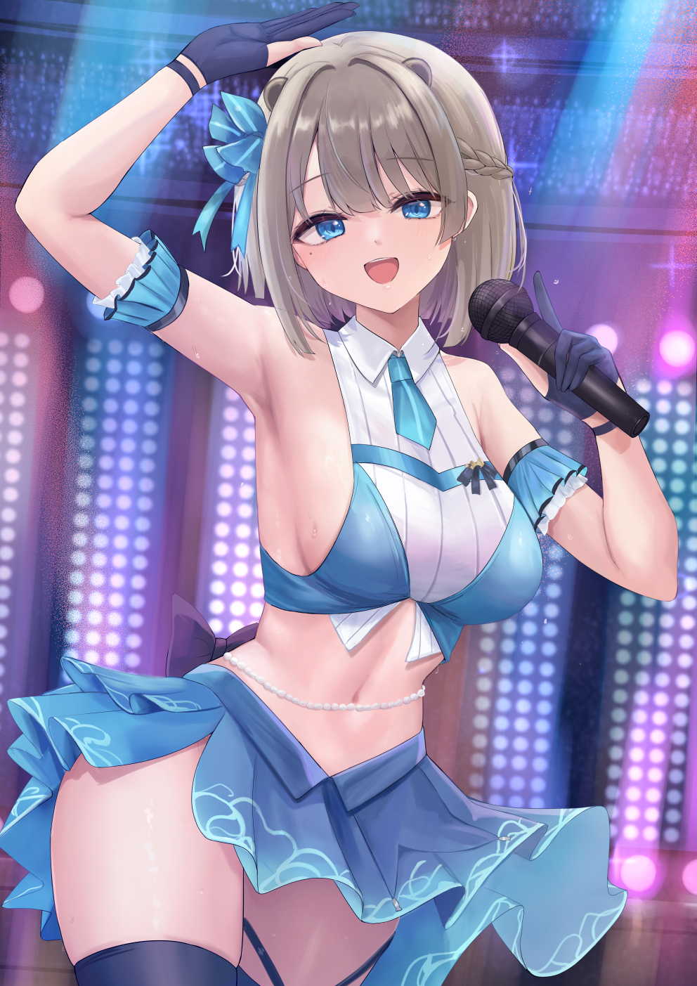 1girl, animal_ears, arm_garter, arm_up, armpits, bare_shoulders, beads, black_gloves, black_thighhighs, blue_eyes, blue_skirt, bow, braid, breasts, brown_hair, collared_shirt, crop_top, extra_ears, gloves, hair_bow, hand_up, highres, holding, holding_microphone, idol, looking_at_viewer, lutra_lutra, medium_breasts, microphone, midriff, miniskirt, mole, mole_under_eye, navel, necktie, neneru, open_mouth, partially_fingerless_gloves, rescute, shirt, short_hair, short_necktie, side_slit, sideboob, skirt, sleeveless, sleeveless_shirt, smile, solo, square_live, stage_lights, standing, stomach, sweat, thighhighs, two-tone_shirt, virtual_youtuber, white_shirt, zettai_ryouiki