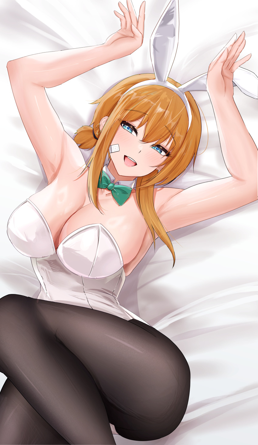 1girl, :d, absurdres, alternate_costume, animal_ear_hairband, animal_ears, armpits, arms_up