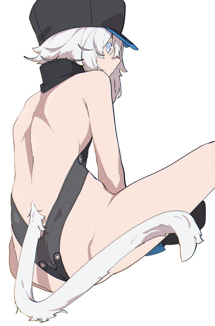 1girl, ass, back, backless_outfit, black_hat, blue_eyes, boots, butt_crack