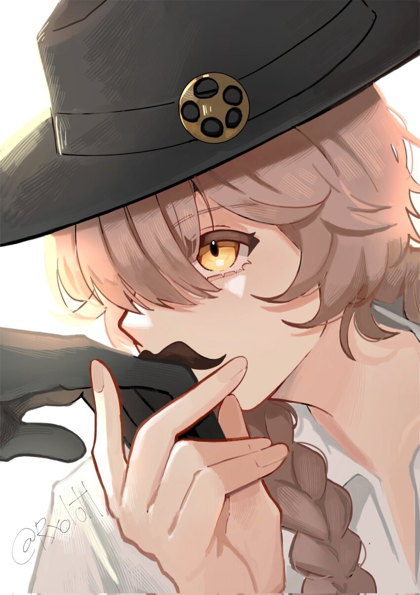 1girl, 1other, bette_(reverse:1999), black_gloves, black_hat, brown_hair, fake_facial_hair, fake_mustache