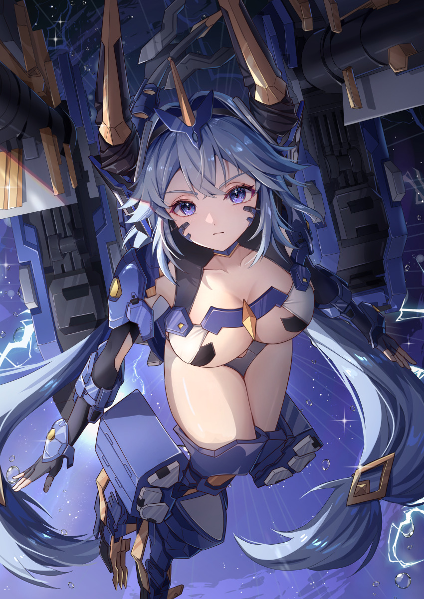 1girl, absurdres, armor, armored_boots, bikini_armor, black_gloves, blue_hair, boots