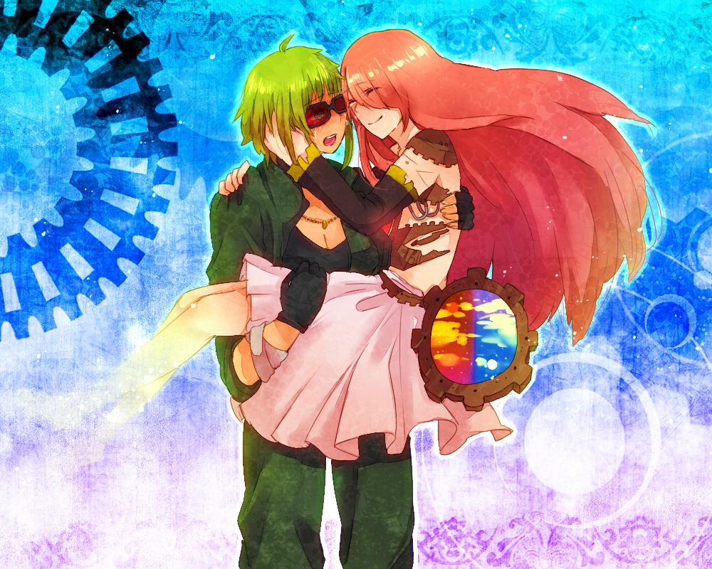 2girls, bokura_no_16bit_warz_(vocaloid), carrying, closed_eyes, creator_connection, gears, goggles, green_hair