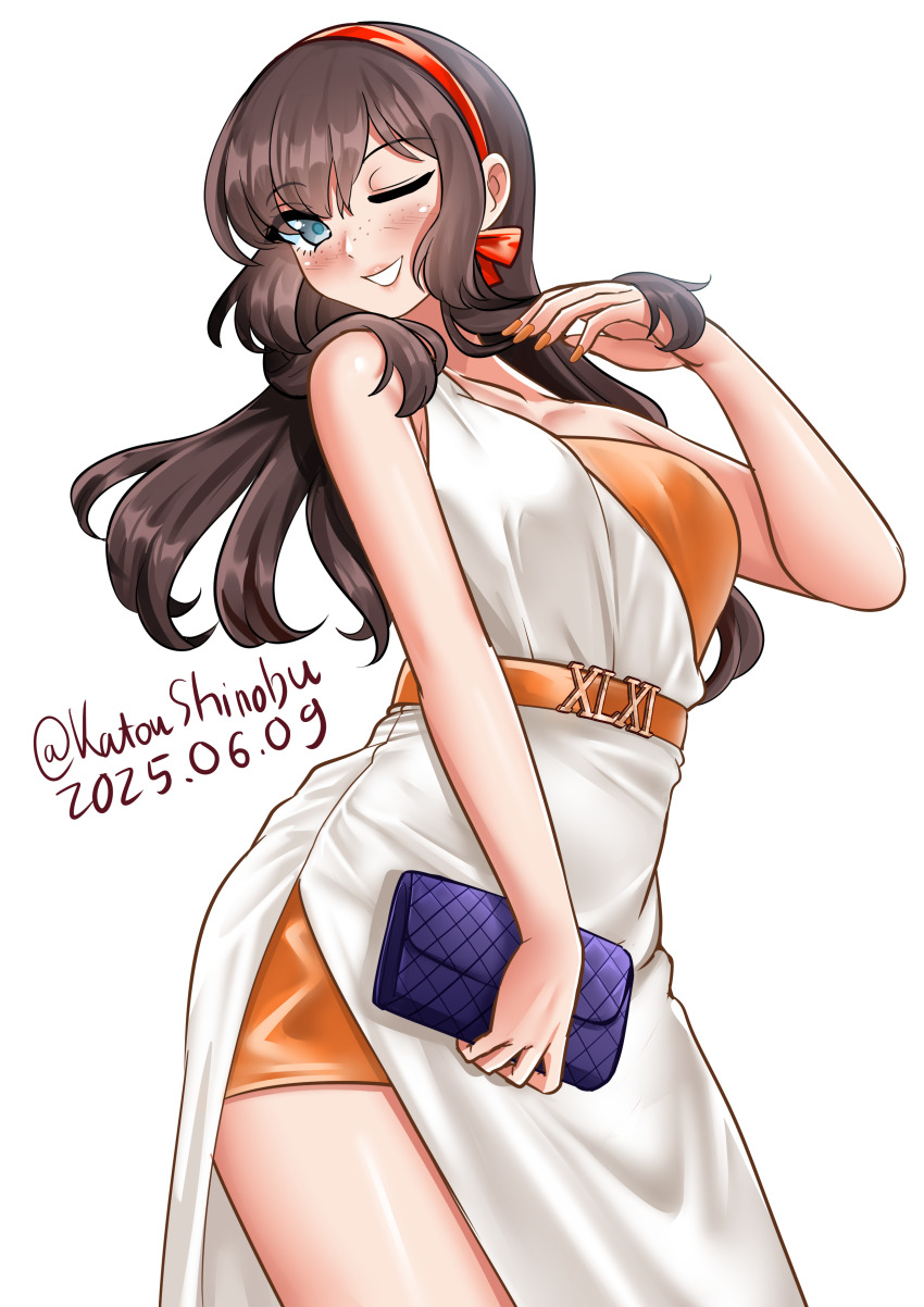 1girl, absurdres, artist_name, blush, brown_hair, commentary, cowboy_shot, dated