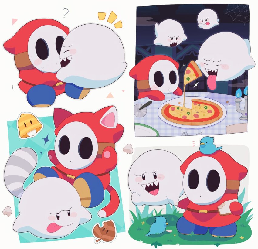 1boy, animal_ears, bird, blue_bird, blue_boots, boo_(mario), boots, cat_ears