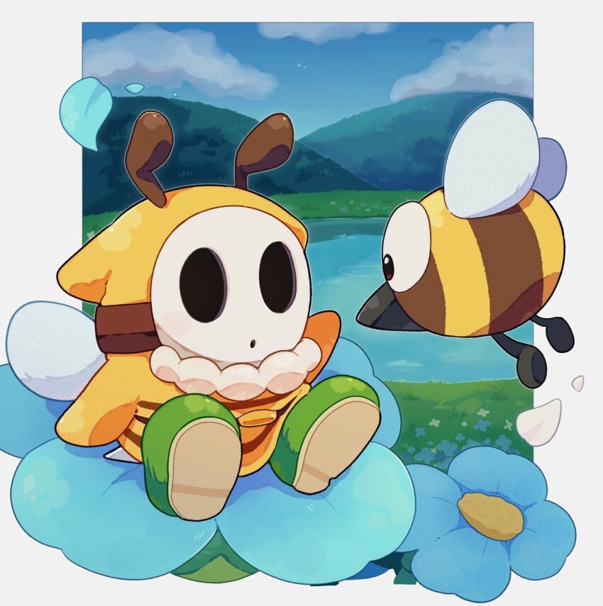 1boy, antennae, arthropod_boy, bee_boy, blue_flower, boots, flower, grass