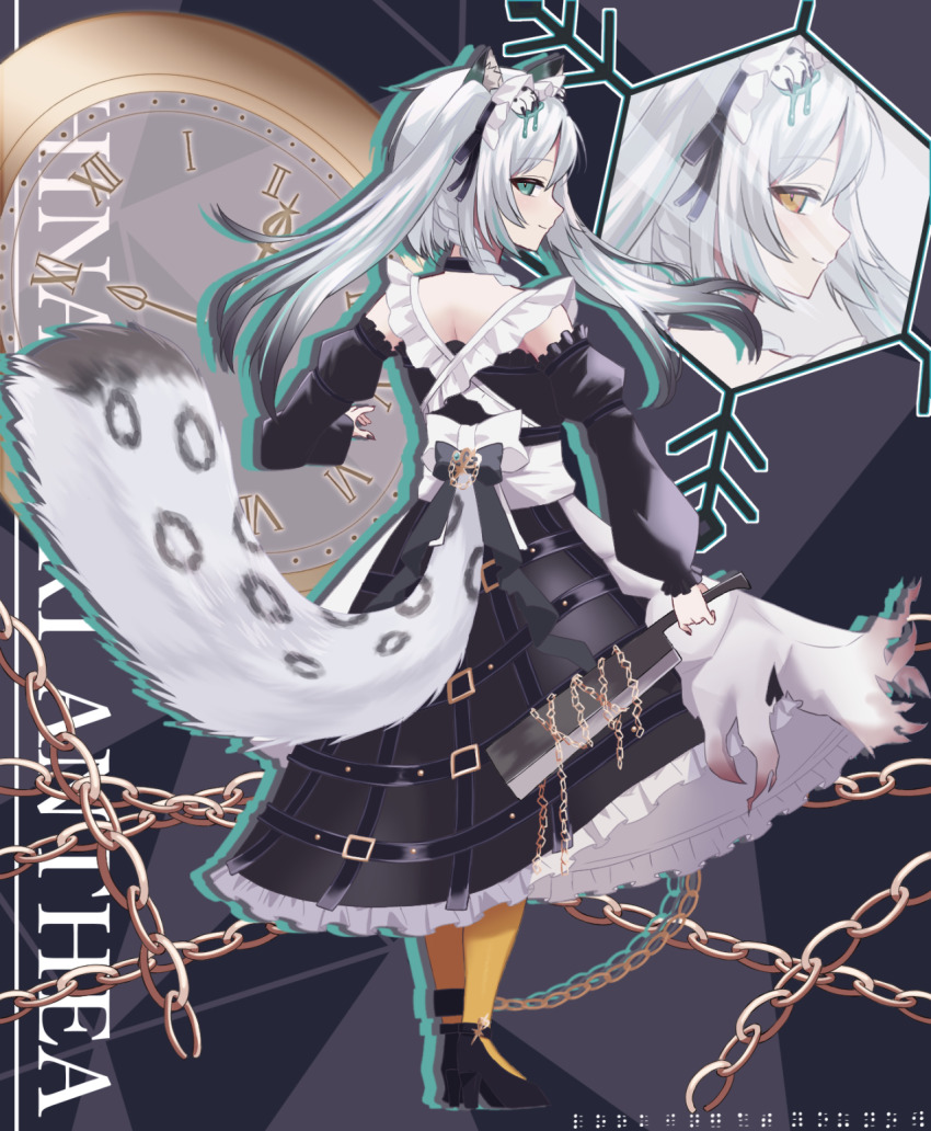 animal_ears, aqua_streaks, braid, braided_sidelocks, cross-laced_clothes, freedomman_hero, grey_tail, highres