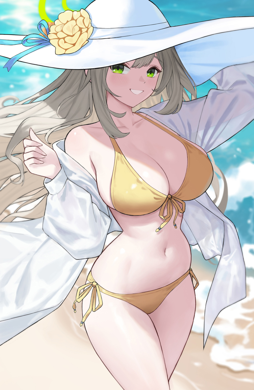 1girl, absurdres, beach, bikini, blue_archive, blurry, blurry_background, blush