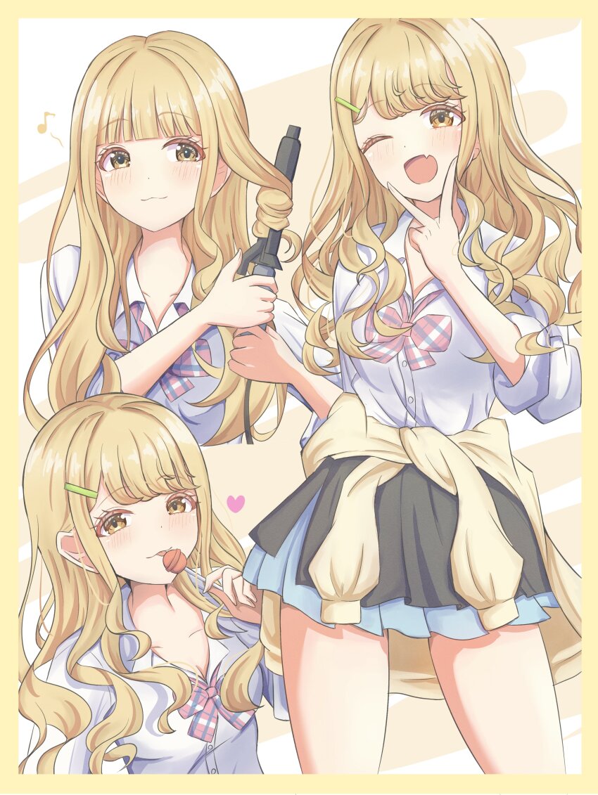 1girl, ;d, absurdres, alternate_hairstyle, blonde_hair, border, bow, bowtie