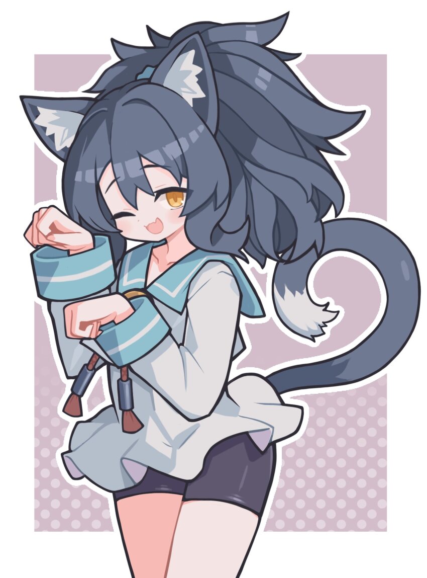 1girl, ;d, animal_ear_fluff, animal_ears, bike_shorts, black_hair, blue_sailor_collar, blush