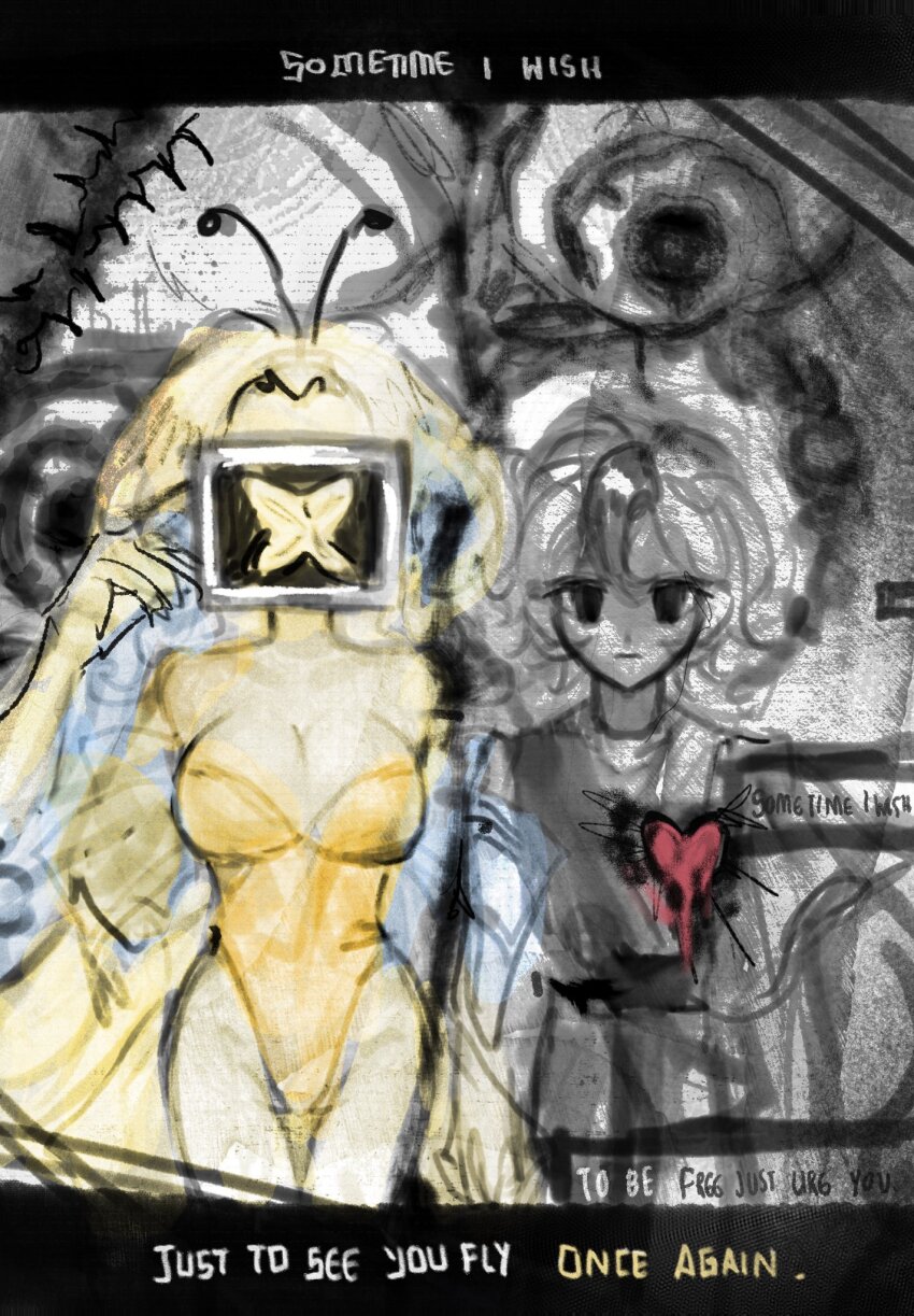 1boy, 1girl, angel_wings, armored_boots, biblically_accurate_angel, blonde_hair, boots, butterfly_wings, colored_skin, cookie_run, cookie_run:_kingdom, curly_eyebrows, floating_hair, graveboundveil, highres, humanization, insect_wings, leg_armor, leotard, long_hair, pavlova_cookie, sugarfly_cookie, very_long_hair, wings, yellow_leotard