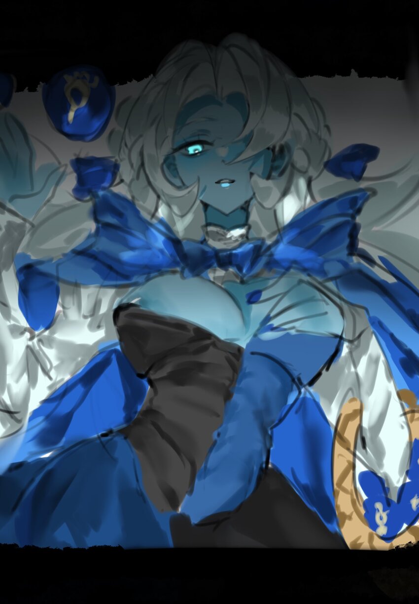 1girl, aqua_sclera, asymmetrical_eyelashes, blue_dress, blue_skin, cloak, colored_sclera, colored_skin, cookie_run, cookie_run:_kingdom, disguise, dress, graveboundveil, heterochromia, highres, hood, hooded_cloak, humanization, long_hair, long_sleeves, looking_at_viewer, shadow_milk_cookie, lady_in_azure, simple_background, slit_pupils, smile, solo, very_long_hair, white_hair