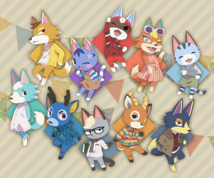 4girls, 6+boys, ^_^, animal_crossing, animal_crossing:_new_horizons, animal_ears, antelope_horns, antlers, audie_(animal_crossing), bam_(animal_crossing), beau_(animal_crossing), cat_boy, cat_ears, cat_girl, cat_tail, chief_(animal_crossing), closed_eyes, commentary_request, deer_antlers, deer_boy, deer_ears, deer_tail, dress, eyewear_on_head, fox_ears, fox_girl, fox_tail, furry, furry_female, furry_male, glasses, holding, holding_watering_can, horns, kid_cat_(animal_crossing), lolly_(animal_crossing), multiple_boys, multiple_girls, nintendo, one_eye_closed, overalls, raymond_(animal_crossing), rirusuke, rosie_(animal_crossing), skye_(animal_crossing), sunglasses, superhero_costume, tail, watering_can, wolf_boy, wolf_ears, wolf_girl, wolf_tail, wolfgang_(animal_crossing)