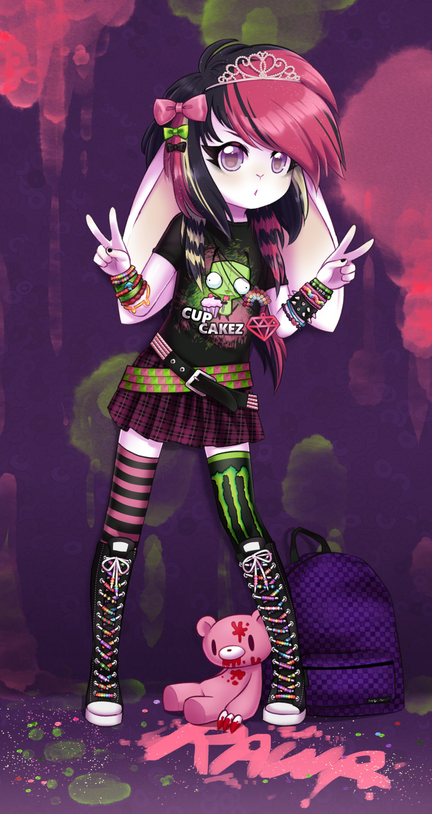 1girl, absurdres, animal_ears, asymmetrical_legwear, backpack, bag, belt, black_hair