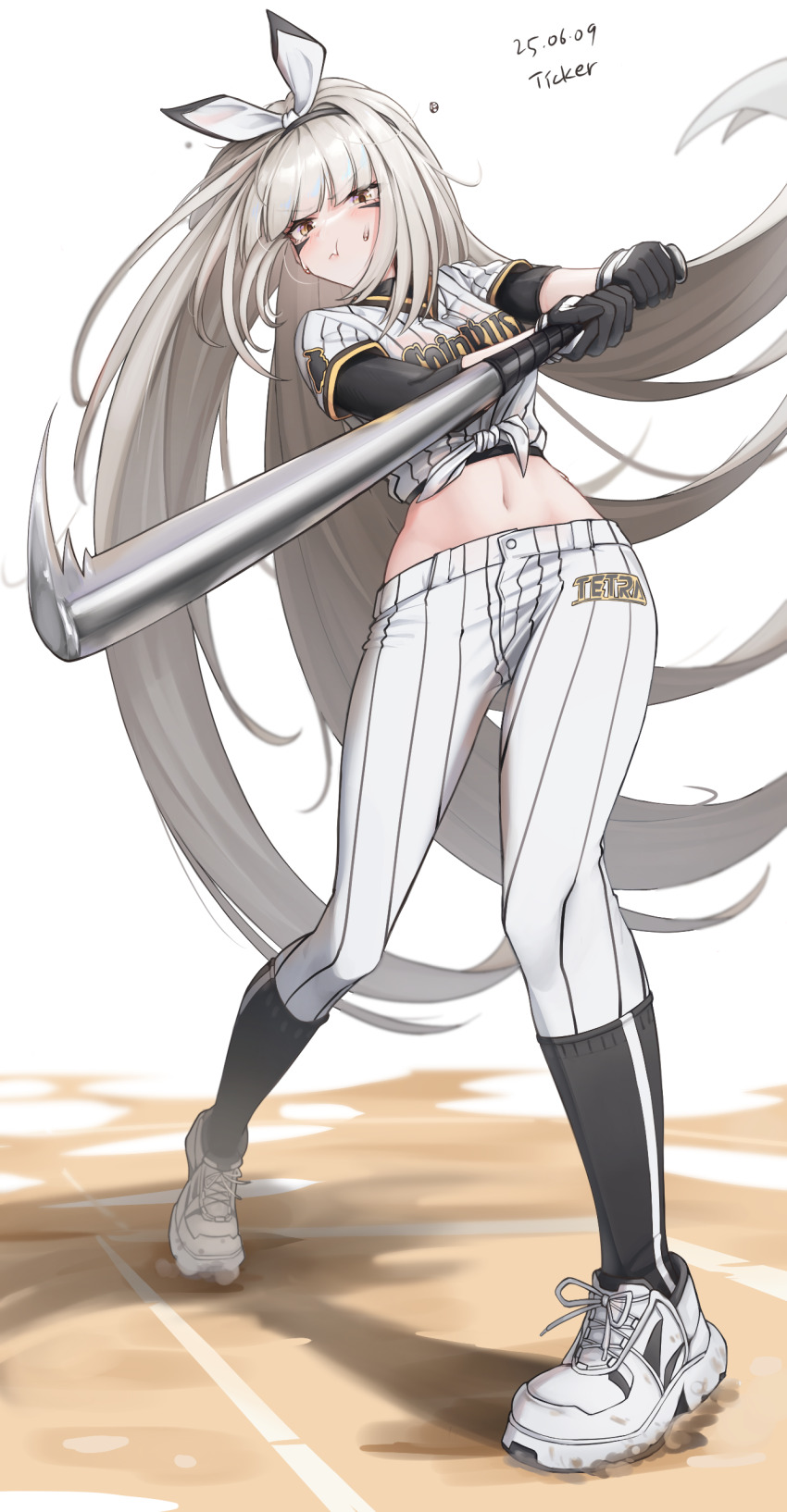 1girl, :t, absurdres, artist_name, baseball, baseball_bat, baseball_jersey, baseball_uniform