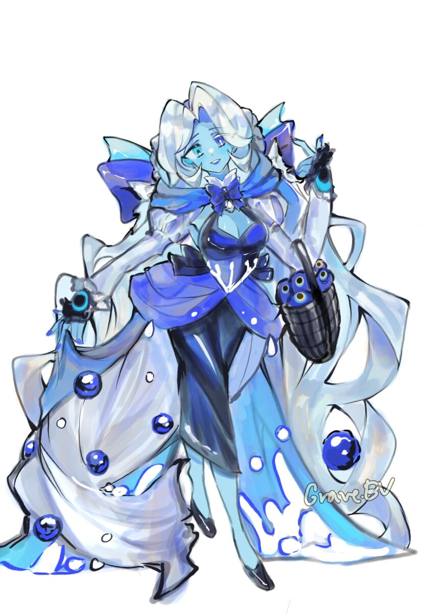 1girl, alternate_costume, blue_dress, blue_eyes, blue_skin, cloak, colored_skin, cookie_run