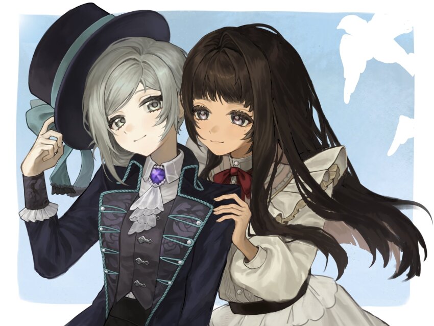 2girls, albadove, ascot, bird, black_coat, black_hair, black_hat, black_vest, blue_background, blue_bow, boater_hat, border, bow, bowtie, closed_mouth, coat, collared_shirt, dress, grey_eyes, grey_hair, hair_bun, hand_on_another's_shoulder, hand_on_headwear, hand_up, hat, hat_bow, heads_together, highres, long_hair, long_sleeves, looking_at_viewer, multiple_girls, oc_x_canon, original, outside_border, puffy_long_sleeves, puffy_sleeves, red_bow, red_bowtie, reverse:1999, shirt, single_side_bun, smile, vertin_(reverse:1999), vest, waistcoat, white_ascot, white_border, white_dress, white_shirt, yuri