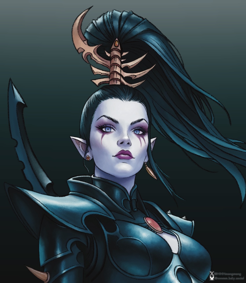 1girl, armor, black_armor, black_hair, blue_eyes, closed_mouth, dark_eldar, earrings