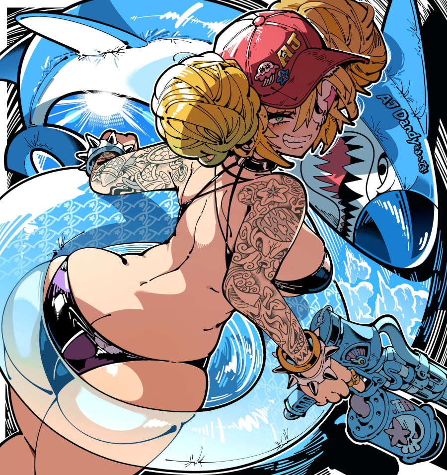 1girl, aj-chan_(aj_dandy), arm_tattoo, ass, back, baseball_cap, bikini, black_bikini