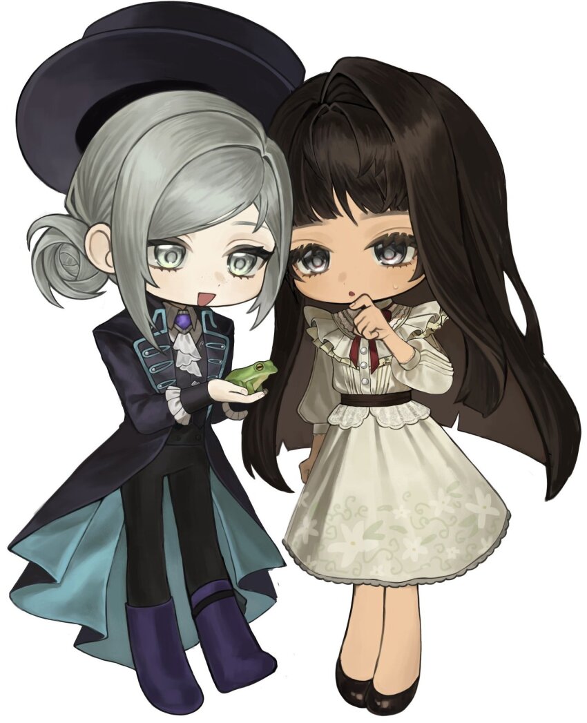 2girls, :d, :o, albadove, animal, ascot, black_coat, black_hair