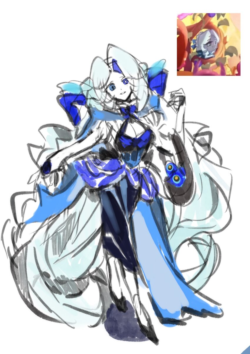 1girl, blue_dress, blue_skin, breasts, cloak, colored_skin, cookie_run, cookie_run:_kingdom