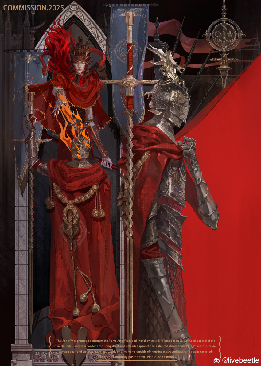 2boys, absurdres, armor, battle_standard, cape, colored_skin, elden_ring, elden_ring:_shadow_of_the_erdtree, english_text, fingernails, fire, fire_knight_(elden_ring), fire_knight_kood, gauntlets, goth_fashion, grey_skin, helmet, highres, kneeling, knight, long_hair, messmer_the_impaler, multiple_boys, one_eye_closed, outstretched_hand, planted, planted_sword, planted_weapon, red_cape, red_hair, sharp_fingernails, siyemmm, snake, sword, weapon, winged_helmet